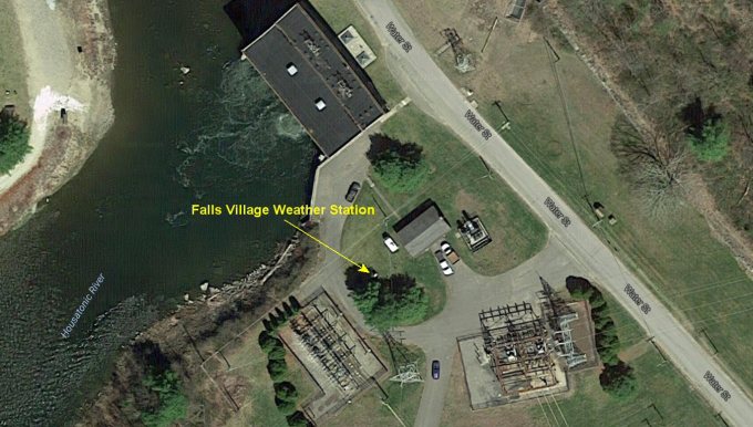 Aerial view of Falls Village GHCN weather station. Note power plant to the north