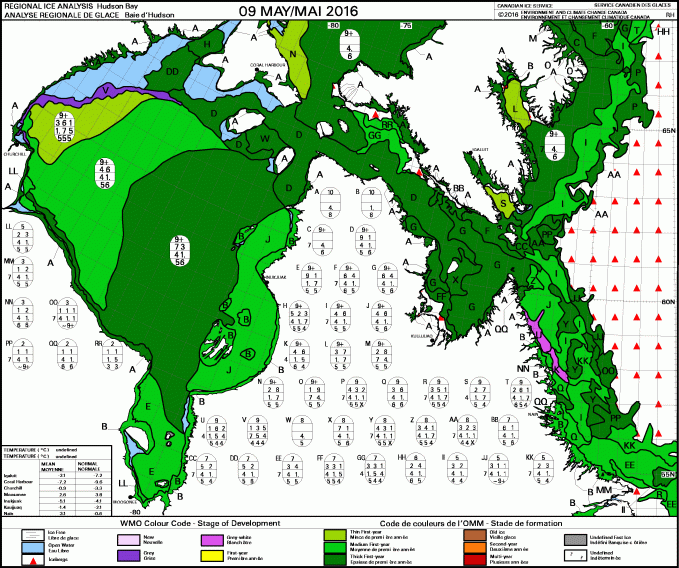 Hudson Bay ice stage of development weekly at 9 May 2016